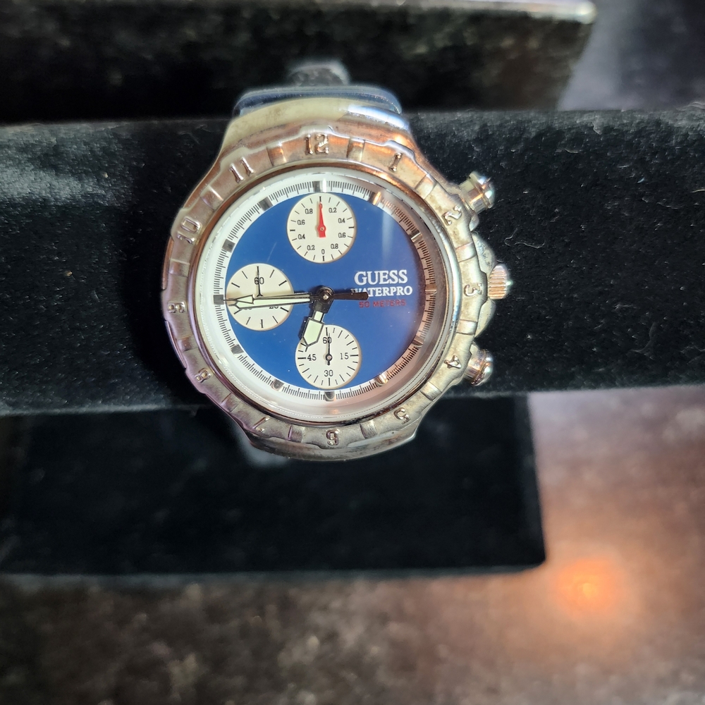 Vintage Guess Women's Waterpro Silver and Blue Sport Watch